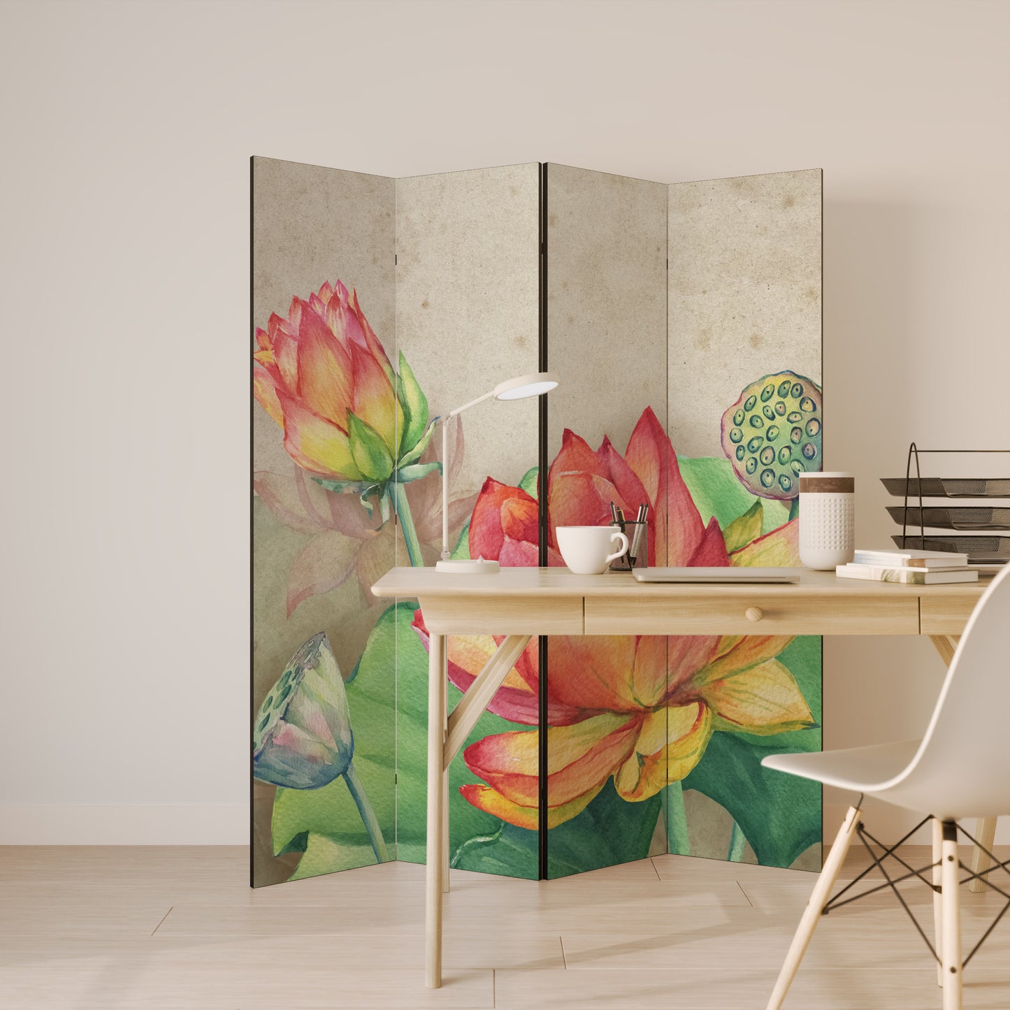WHISPERING LOTUS BLOOMS Decorative 4-Panel Room Divider