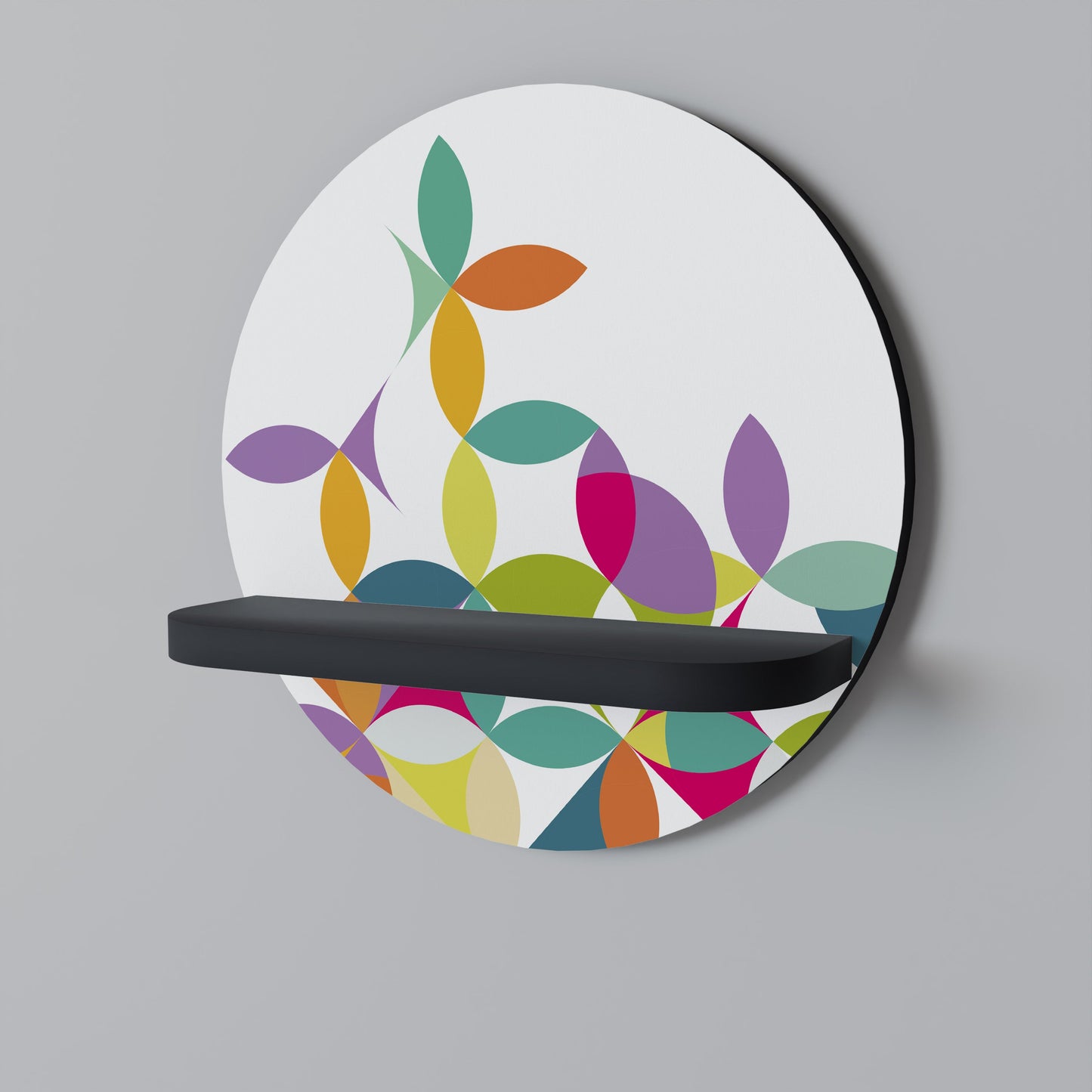 PIXEL BLOSSOM Round Art Shelf In Black Finish