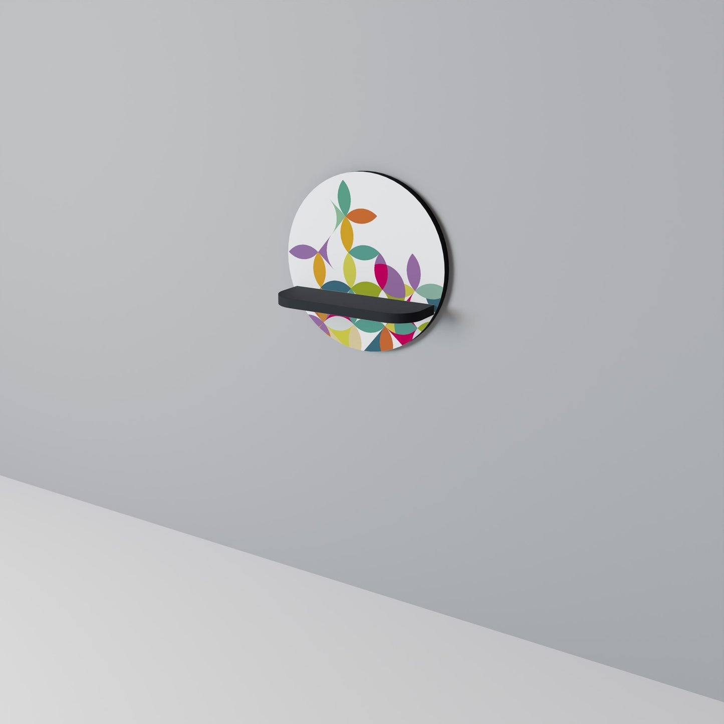 PIXEL BLOSSOM Round Art Shelf In Black Finish