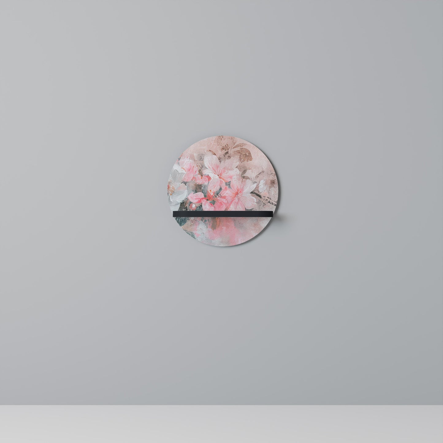 CHERRY BLOSSOM Round Art Shelf In Black Finish