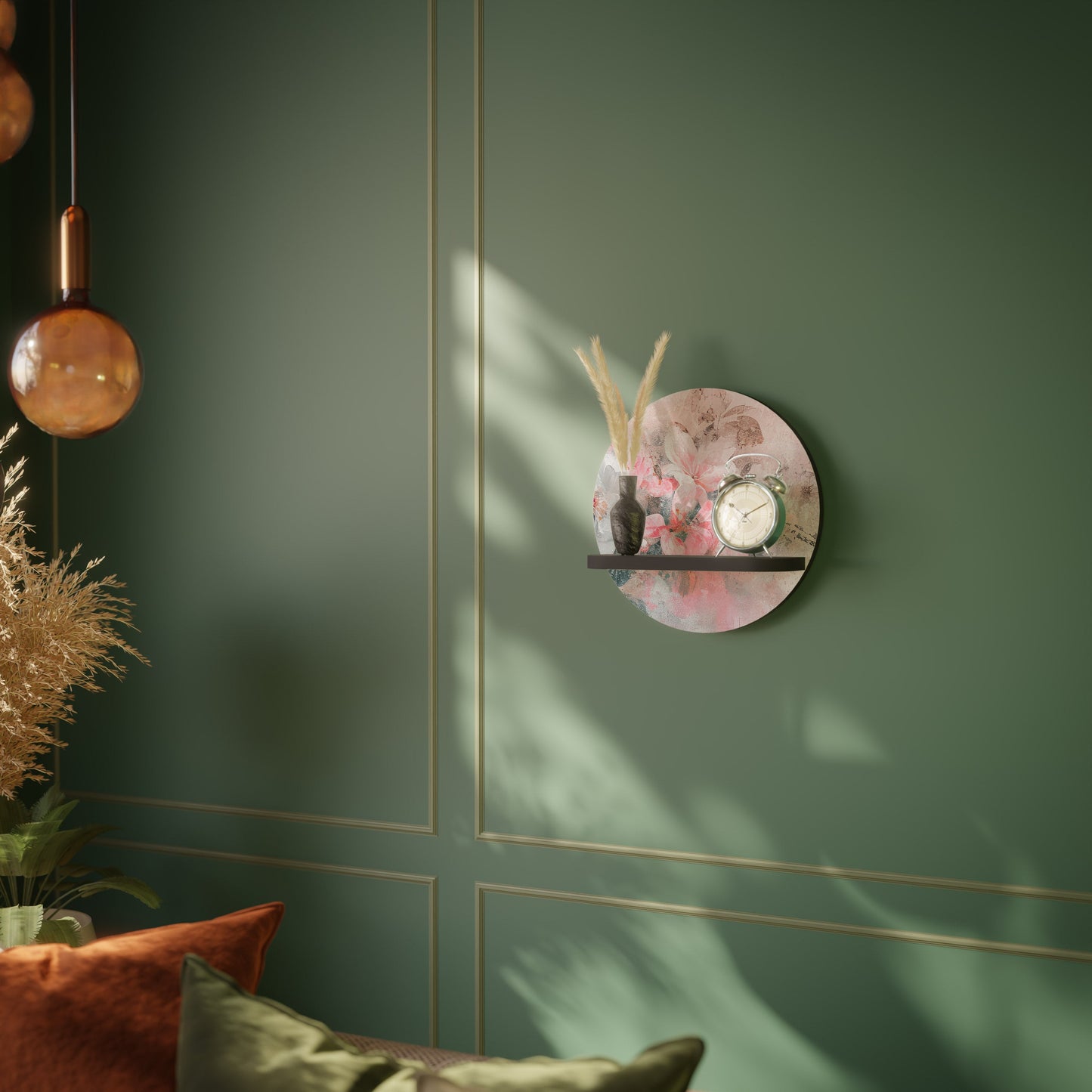 CHERRY BLOSSOM Round Art Shelf In Black Finish