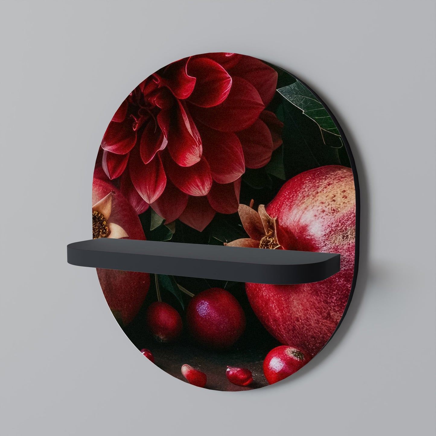 DAHLIAS AND POMEGRANATES Oval Art Shelf In Black Finish