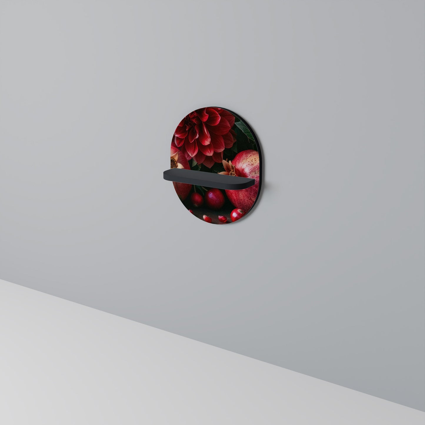 DAHLIAS AND POMEGRANATES Oval Art Shelf In Black Finish