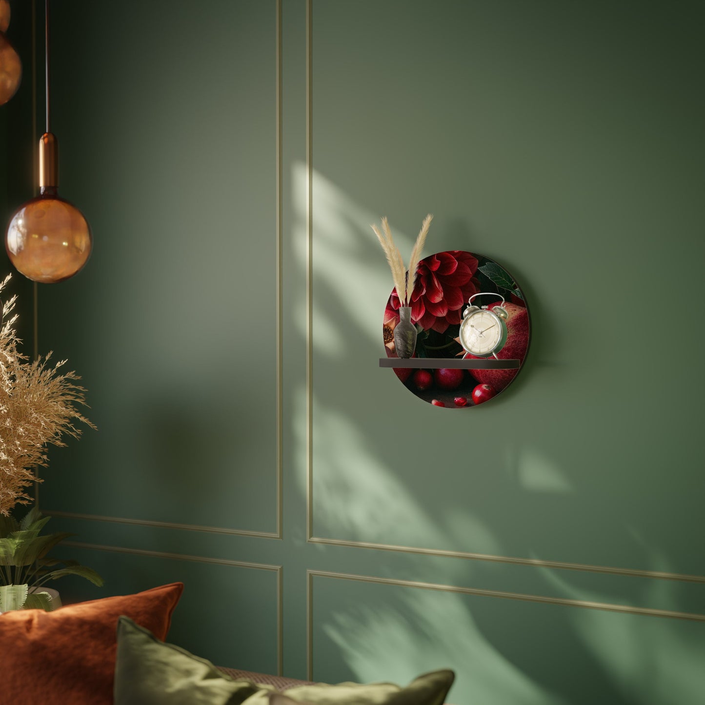 DAHLIAS AND POMEGRANATES Round Art Shelf In Black Finish