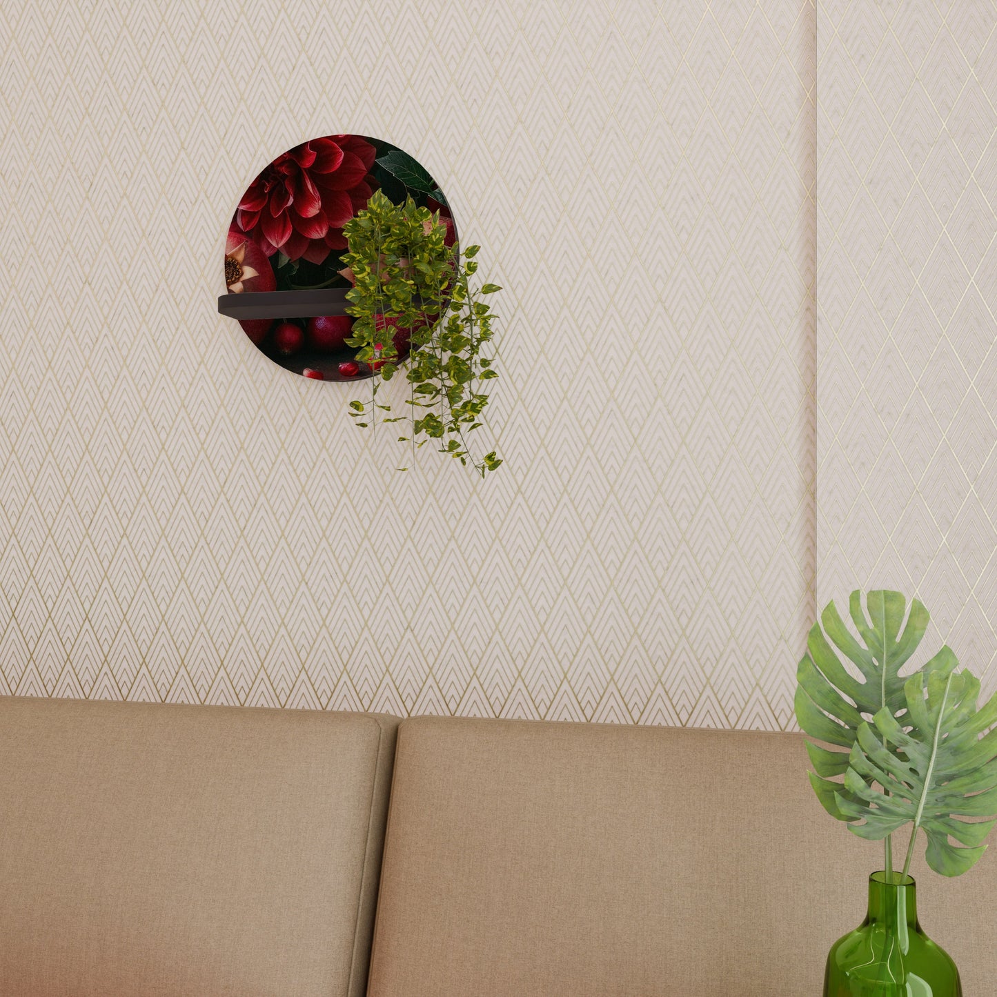 DAHLIAS AND POMEGRANATES Round Art Shelf In Black Finish