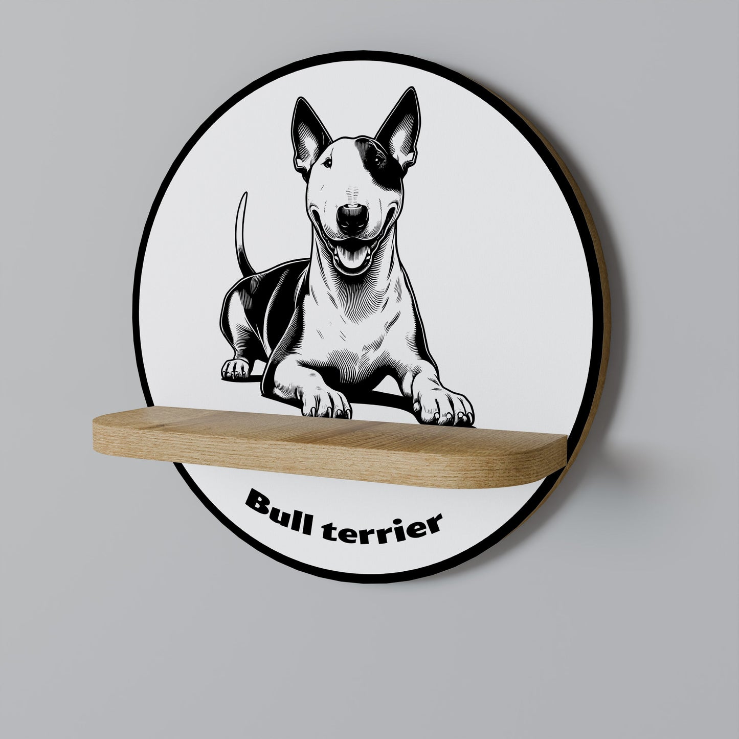 BULL TERRIER Round Art Shelf In Oak Effect