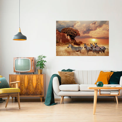 Poster orizzontale staccabile e attaccabile "ZEBRA SUNSET SERENADE"