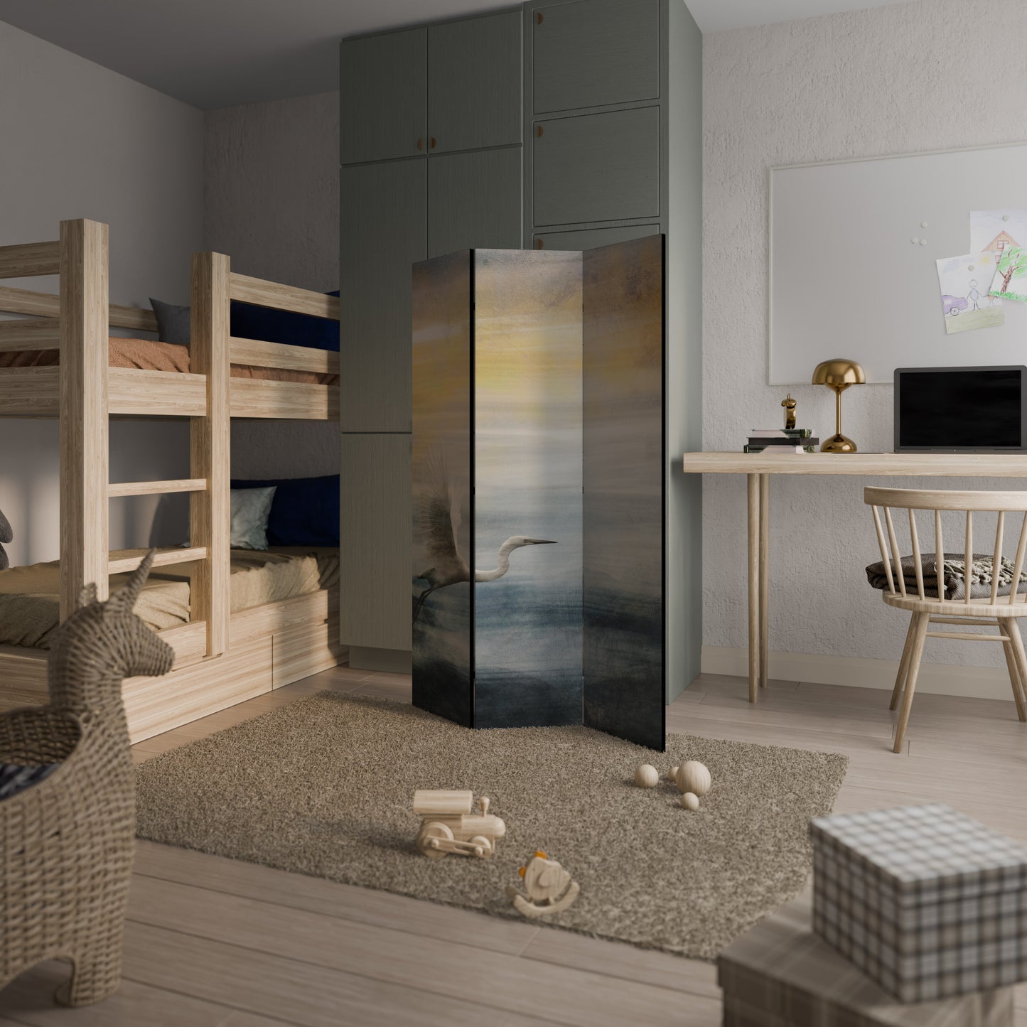 HERON IN FLY Divisorio decorativo per ambienti a 3 pannelli