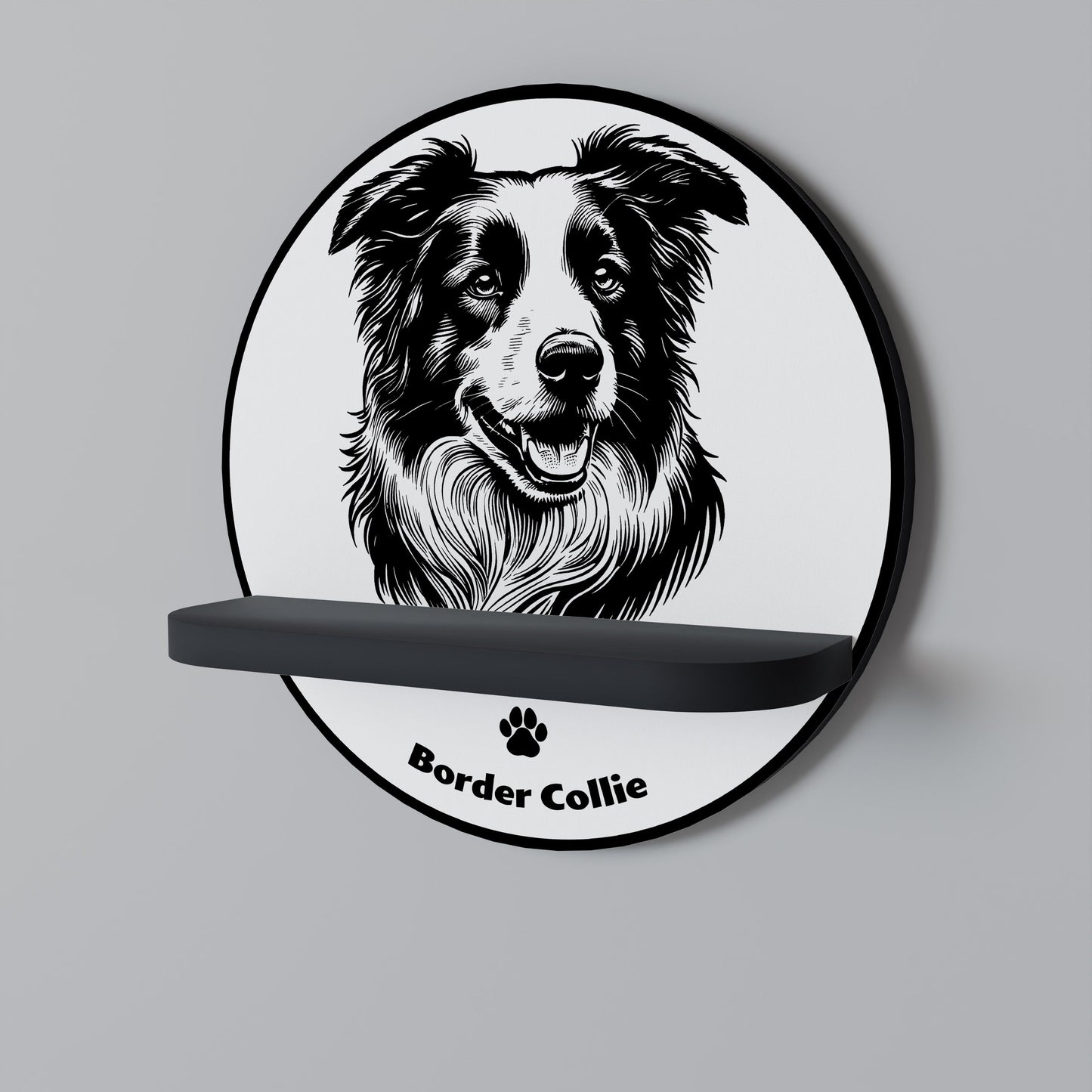 BORDER COLLIE Round Art Shelf In Black Finish