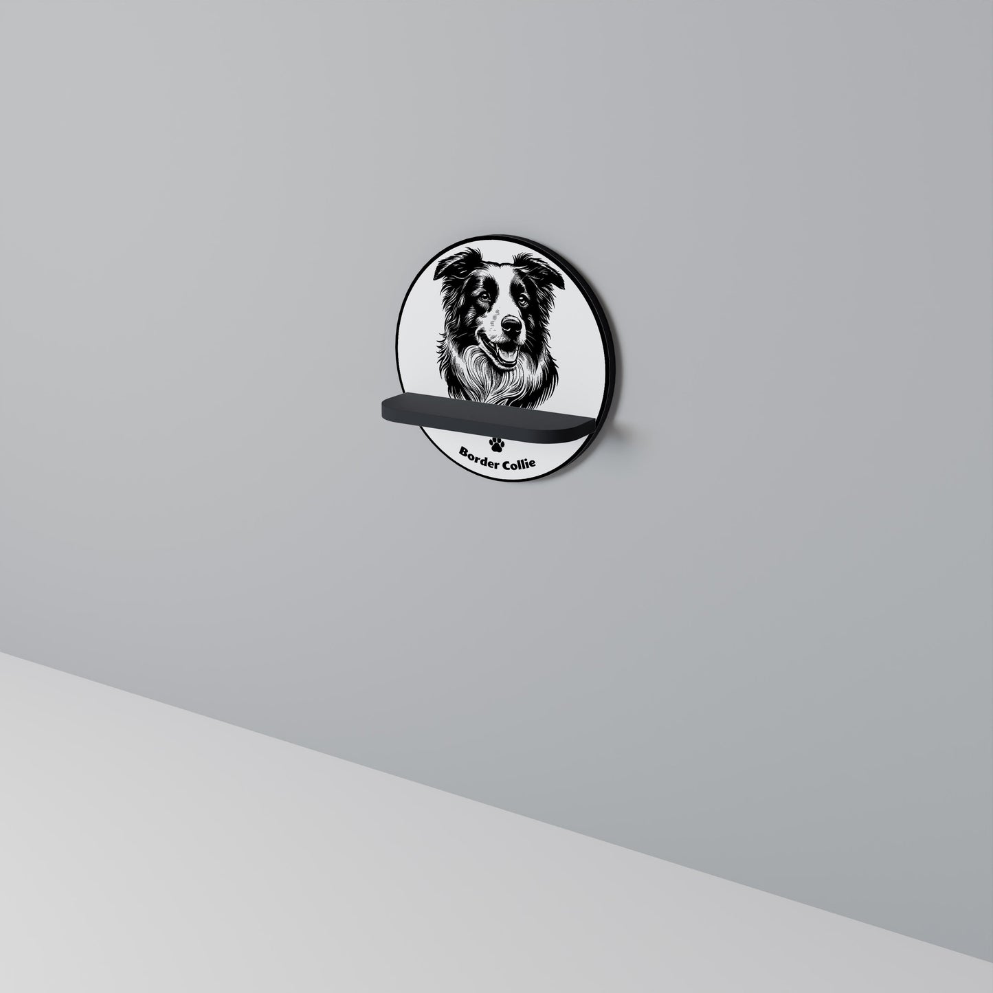 BORDER COLLIE Round Art Shelf In Black Finish