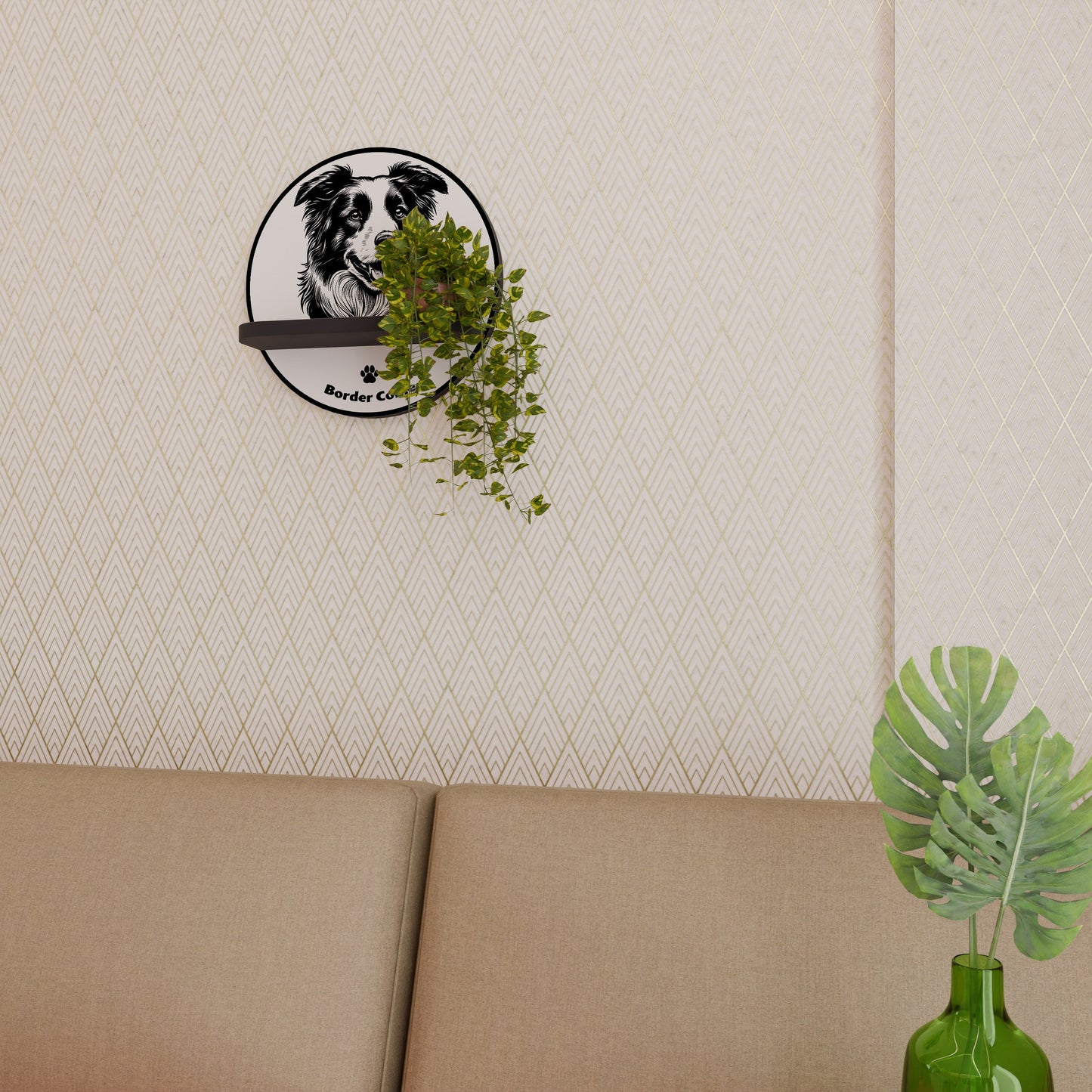 BORDER COLLIE Round Art Shelf In Black Finish