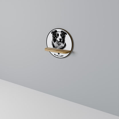 BORDER COLLIE Round Art Shelf In Oak Effect