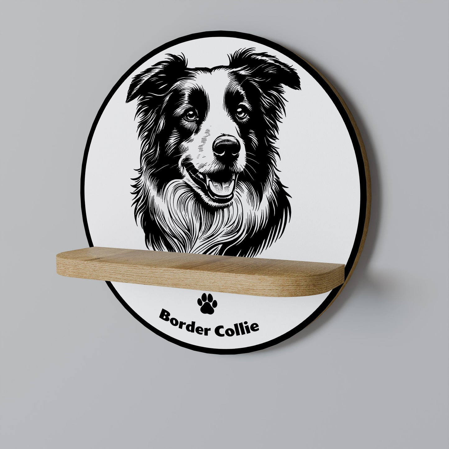 BORDER COLLIE Round Art Shelf In Oak Effect