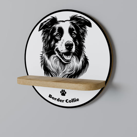 BORDER COLLIE Round Art Shelf In Oak Effect