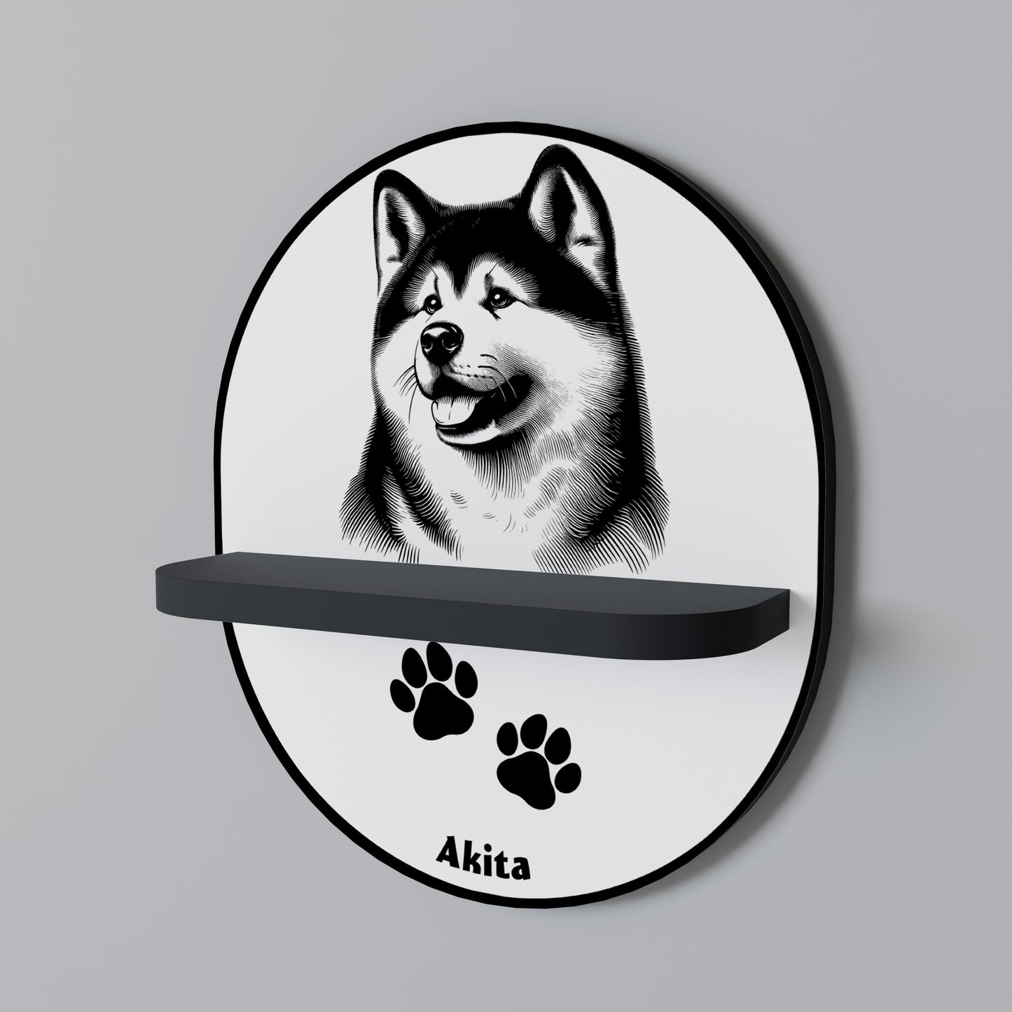 AKITA DOG Oval Art Shelf In Black Finish