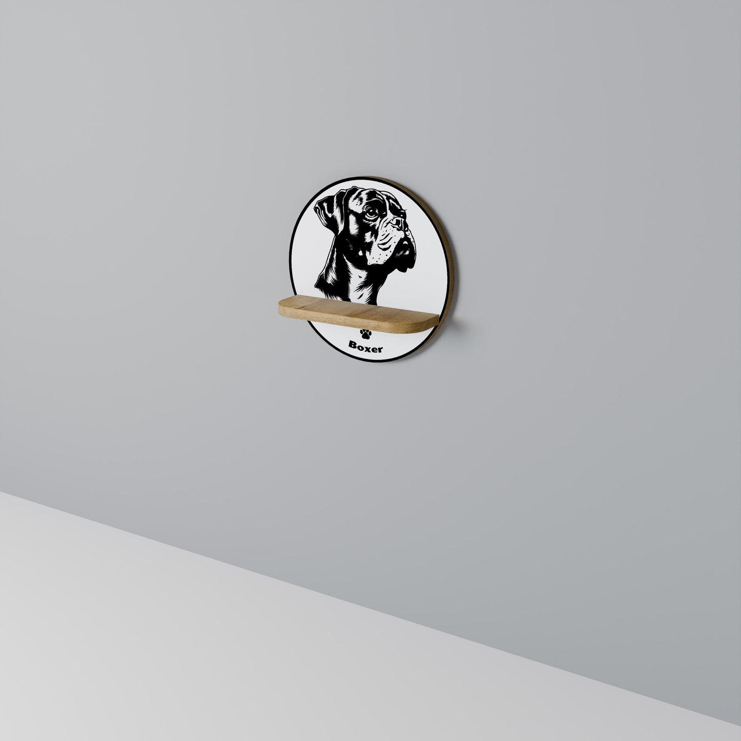 BOXER DOG Round Art Shelf In Oak Effect