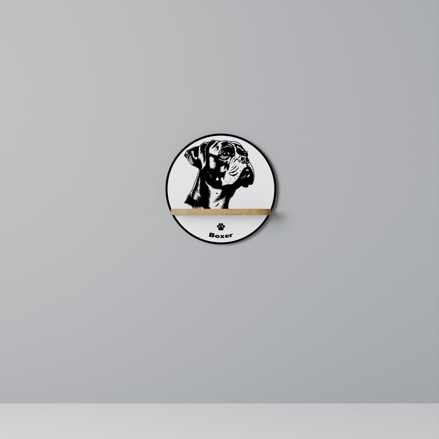 BOXER DOG Round Art Shelf In Oak Effect