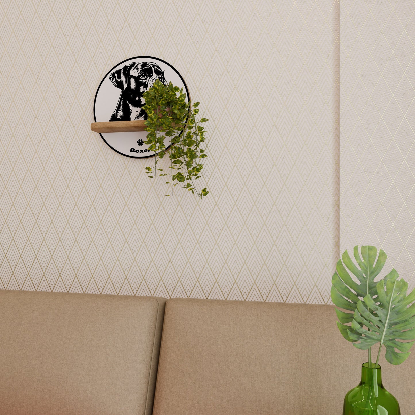 BOXER DOG Round Art Shelf In Oak Effect