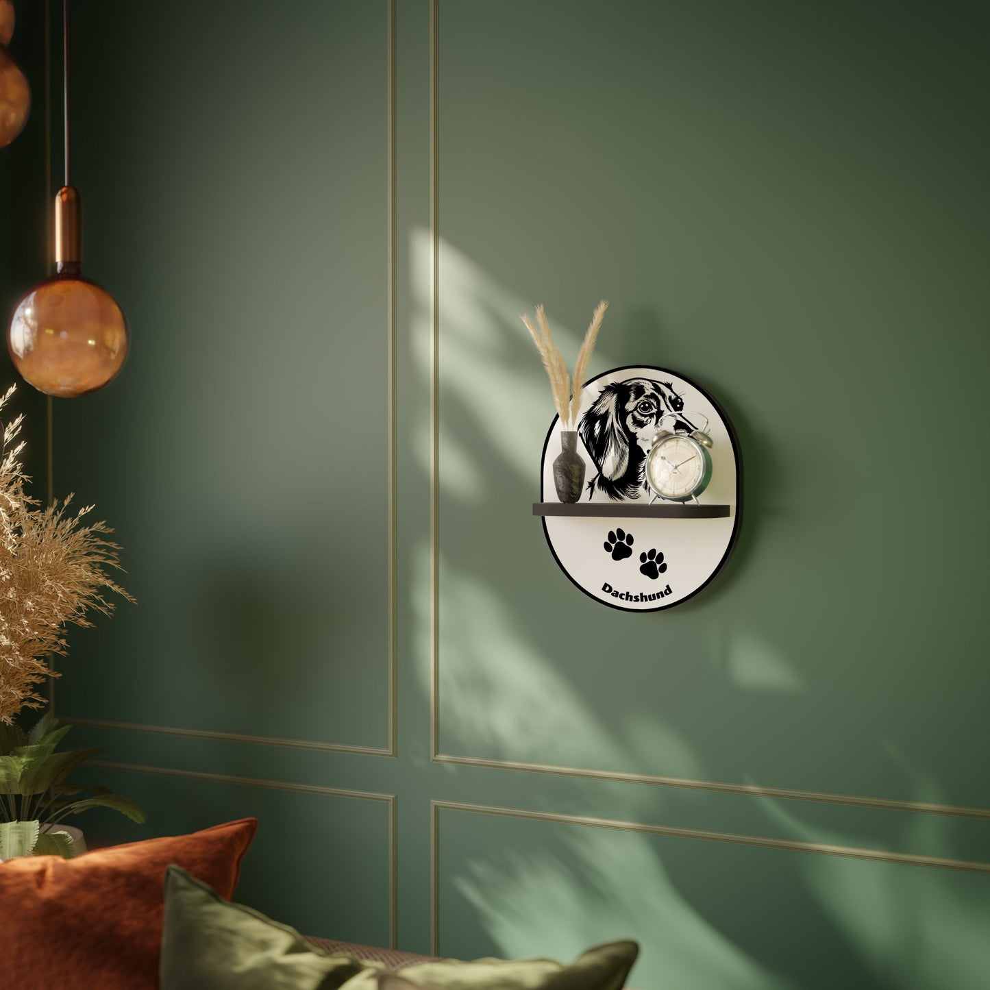 DACHSHUND DOG Oval Art Shelf In Black Finish