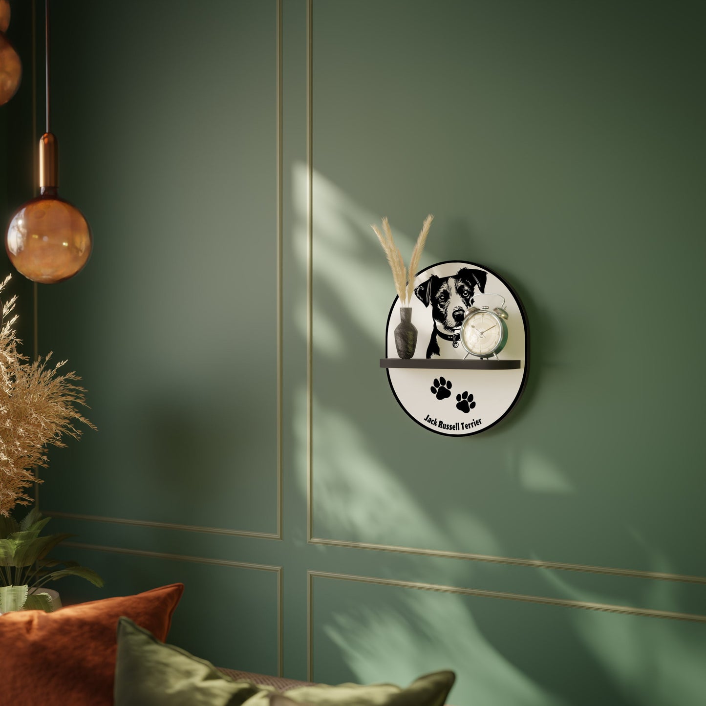 JACK RUSSEL TERRIER Oval Art Shelf In Black Finish