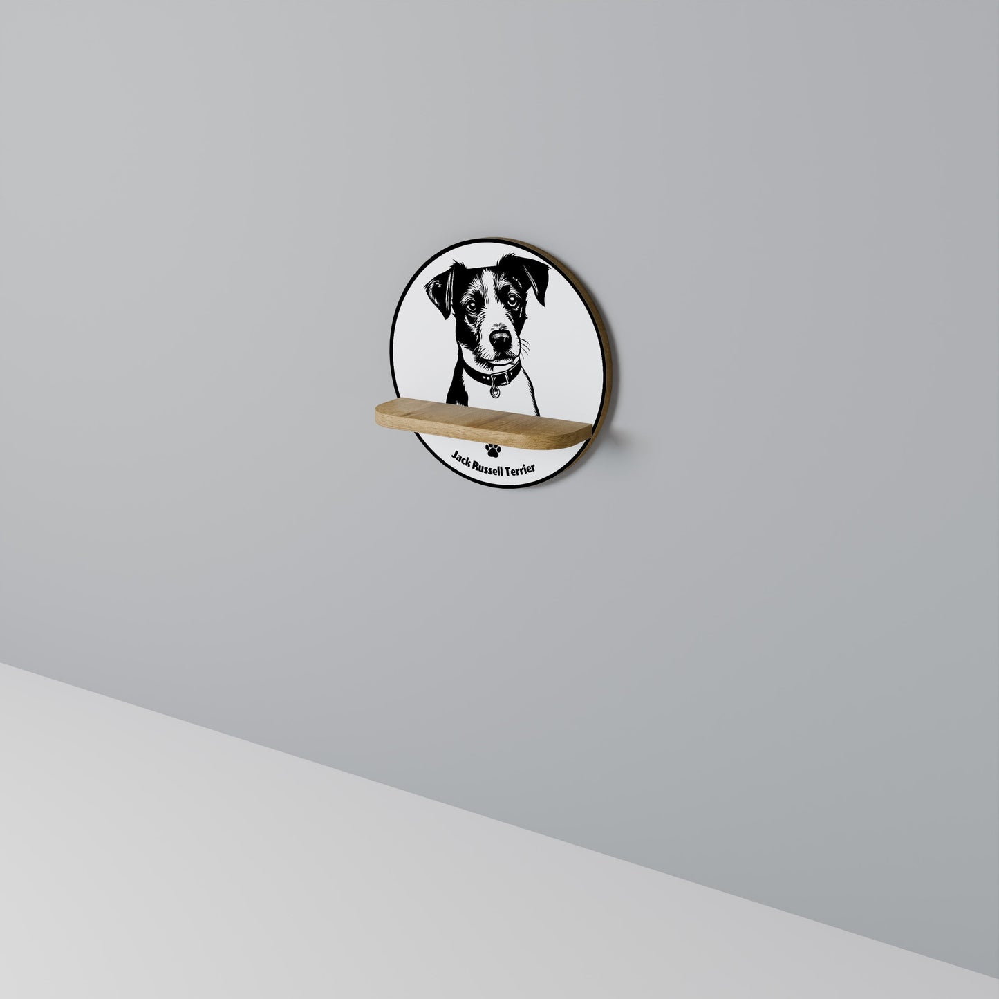 JACK RUSSEL TERRIER Round Art Shelf In Oak Effect