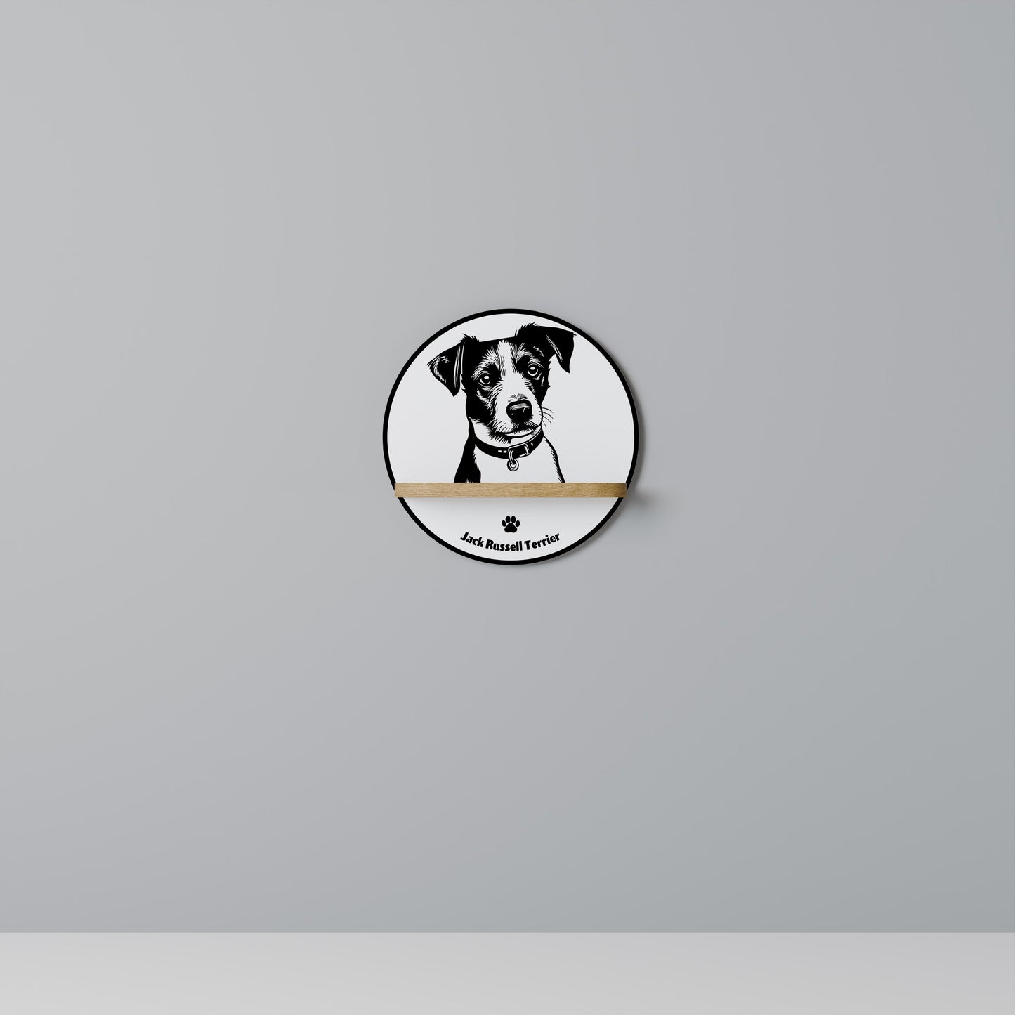 JACK RUSSEL TERRIER Round Art Shelf In Oak Effect