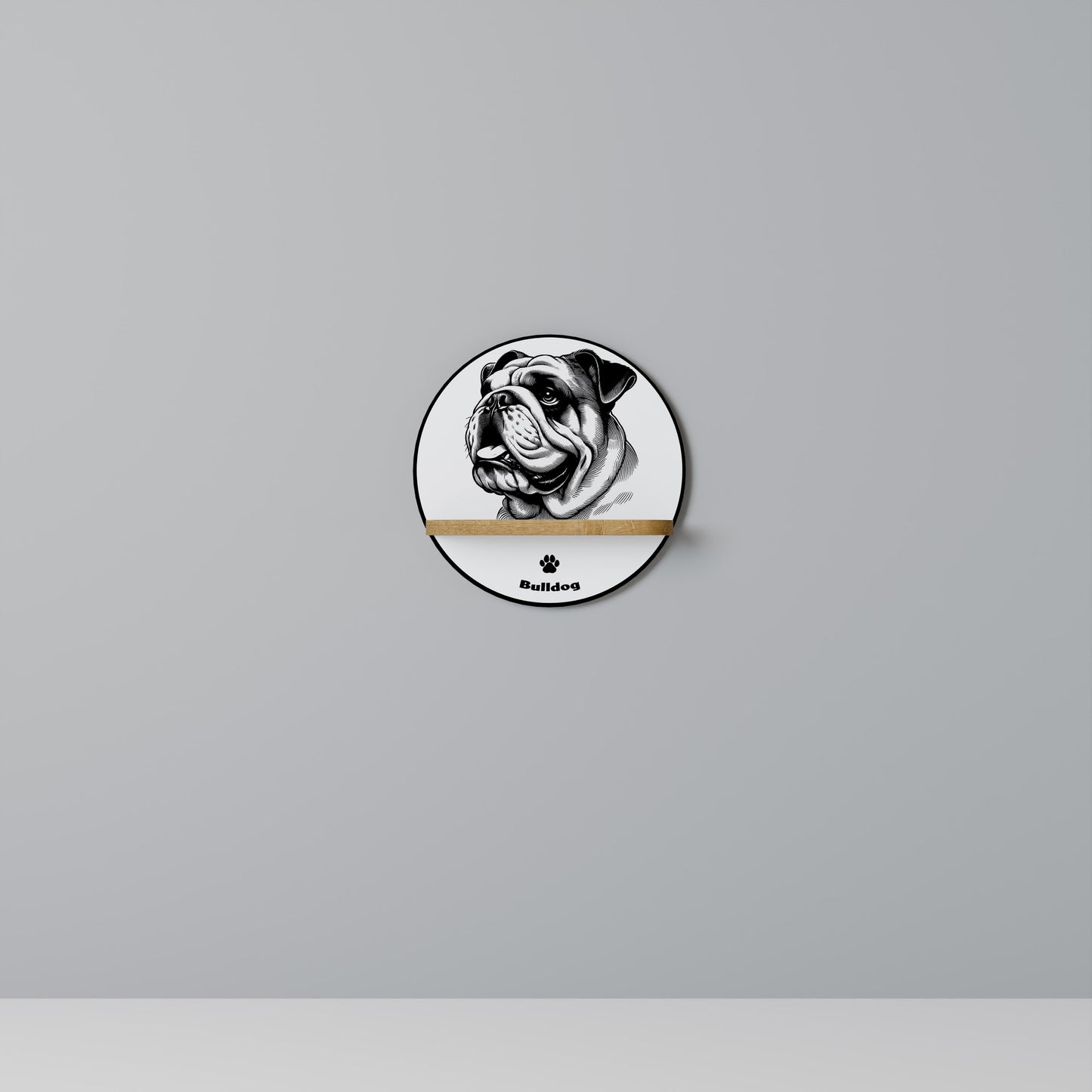 BULLDOG DOG Round Art Shelf In Oak Effect