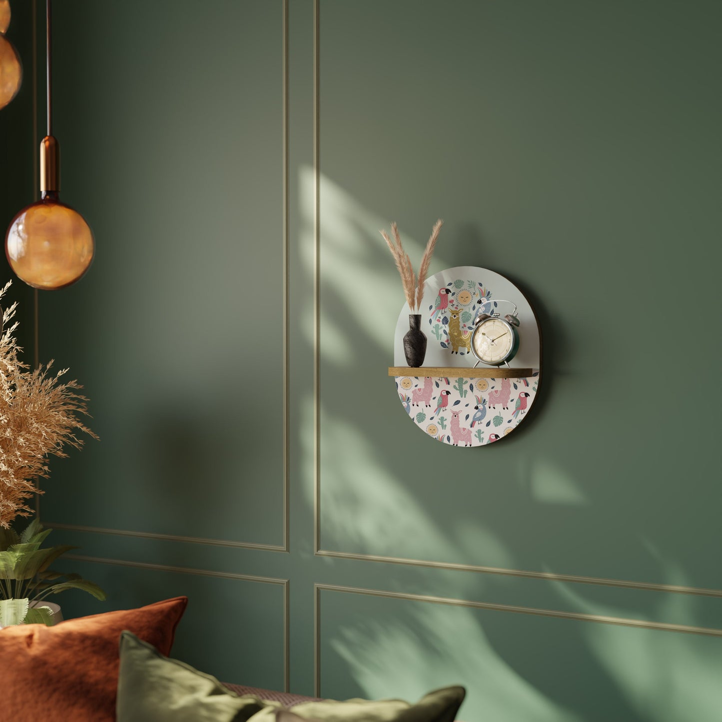 COLORFUL ALPACAS Oval Art Shelf In Oak Effect