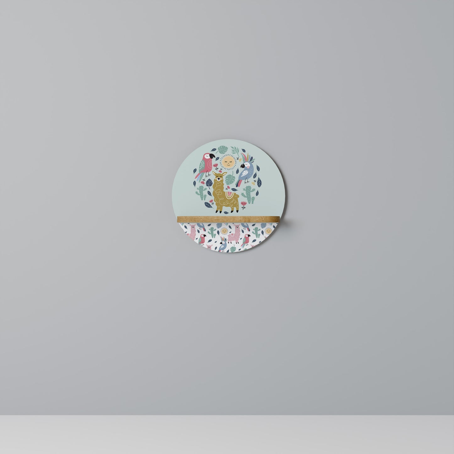 COLORFUL ALPACAS Round Art Shelf In Oak Effect