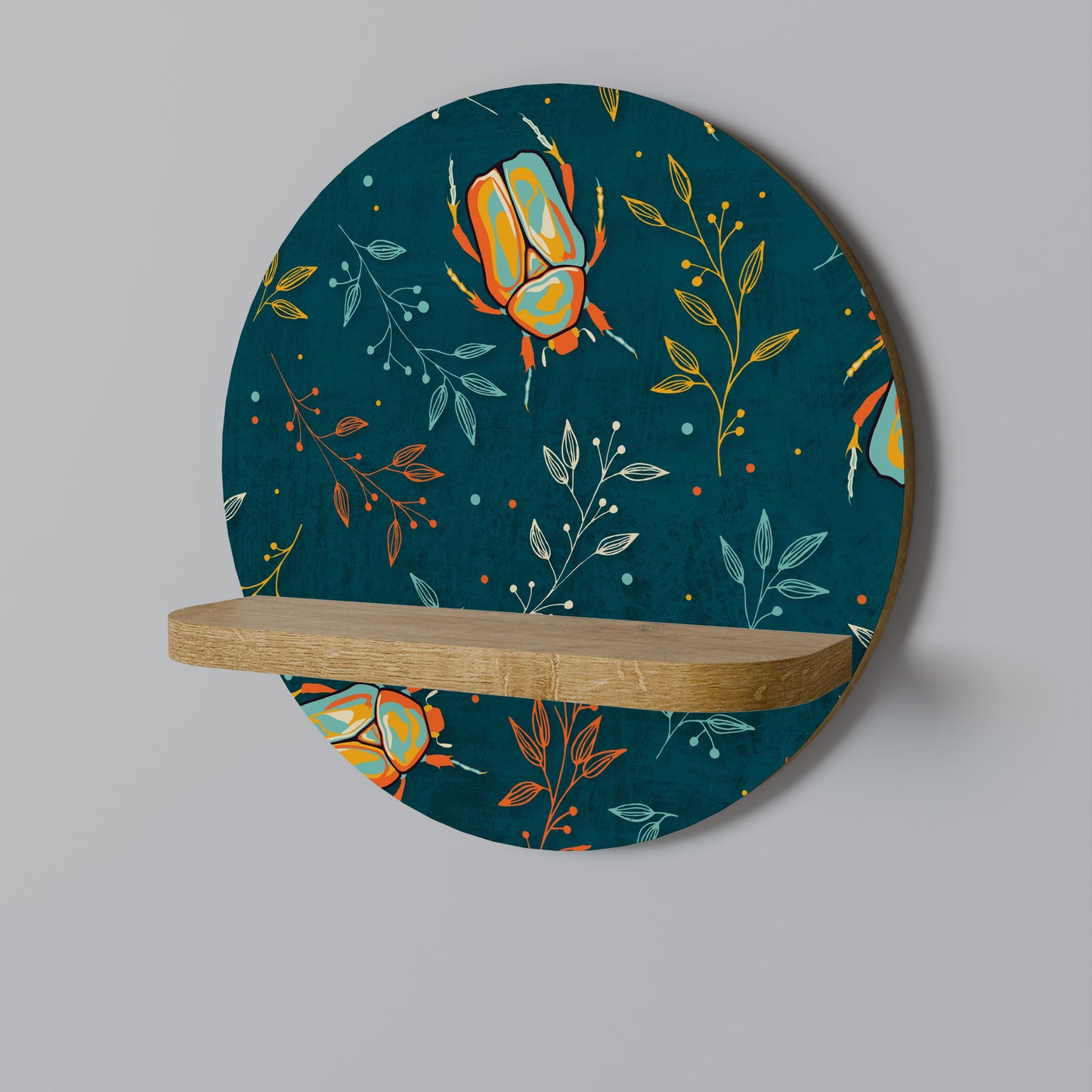 AUTUMN INSECTS Round Art Shelf In Oak Effect