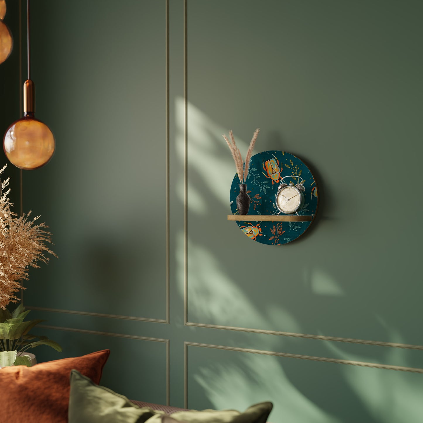 AUTUMN INSECTS Round Art Shelf In Oak Effect