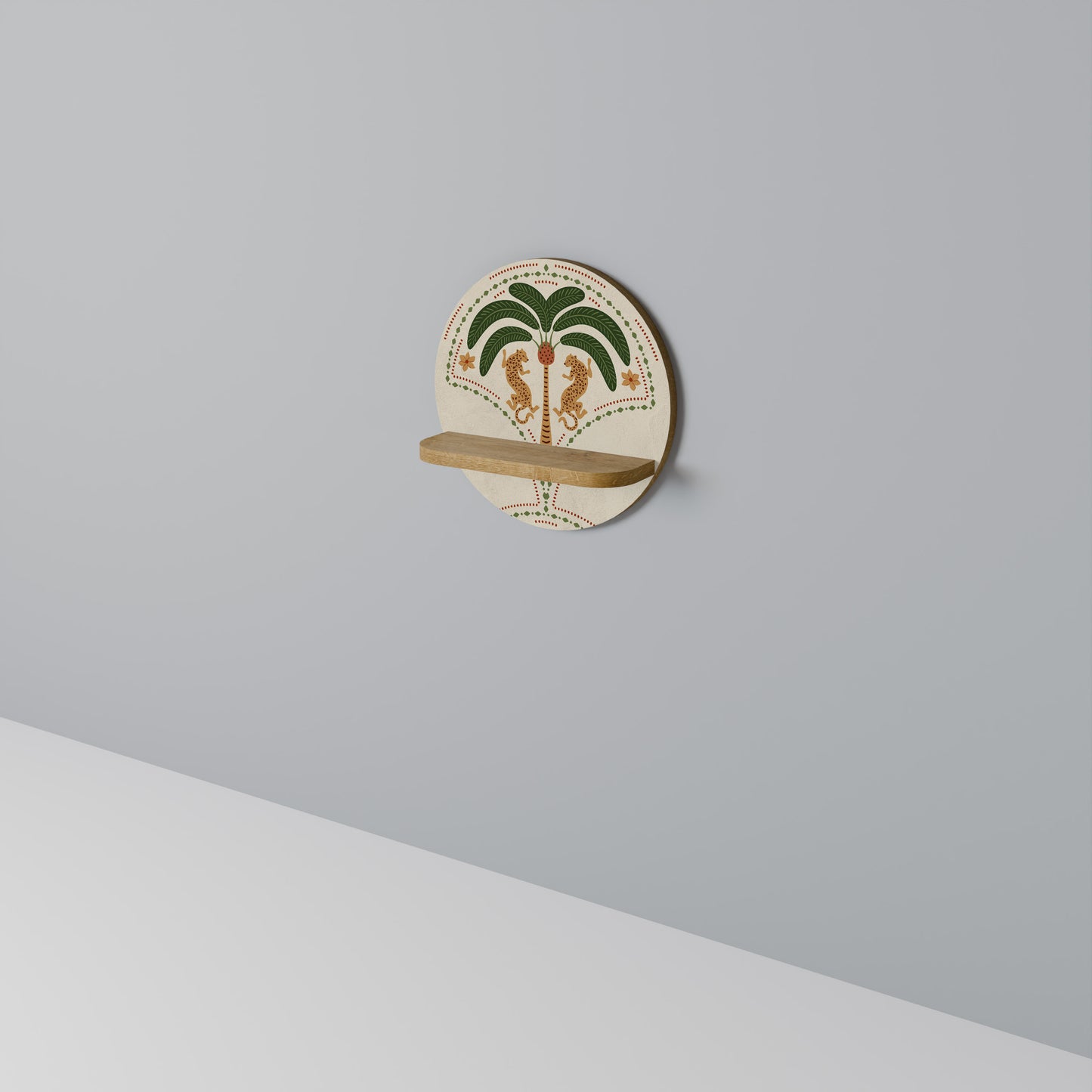 DANCING PREDATORS Round Art Shelf In Oak Effect