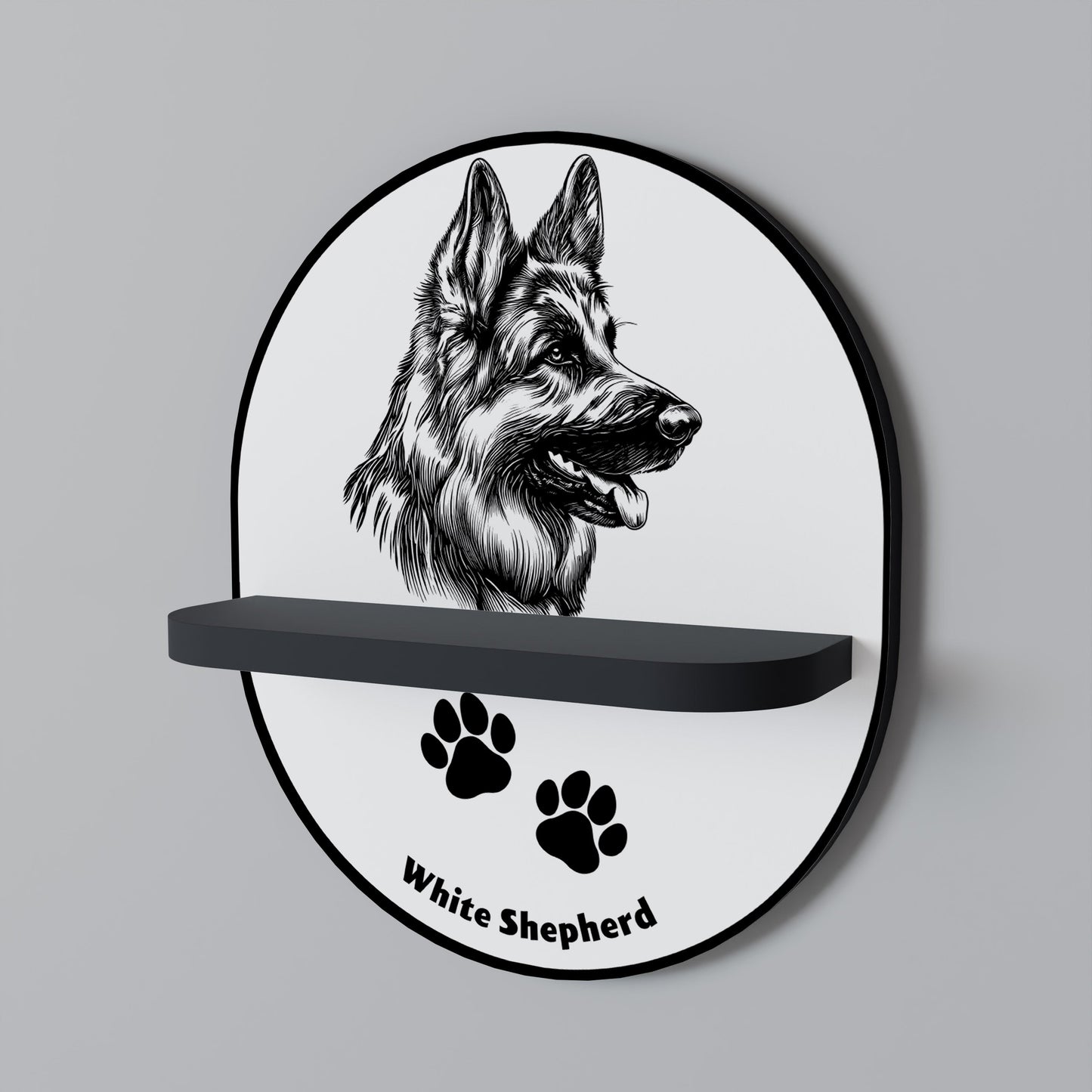 WHITE SHEPHERD DOG Oval Art Shelf In Black Finish