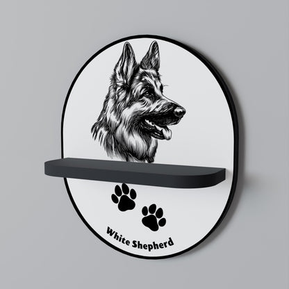 WHITE SHEPHERD DOG Oval Art Shelf In Black Finish