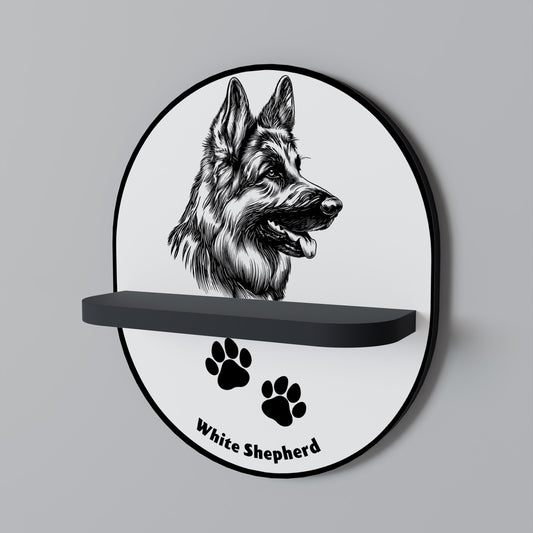 WHITE SHEPHERD DOG Oval Art Shelf In Black Finish