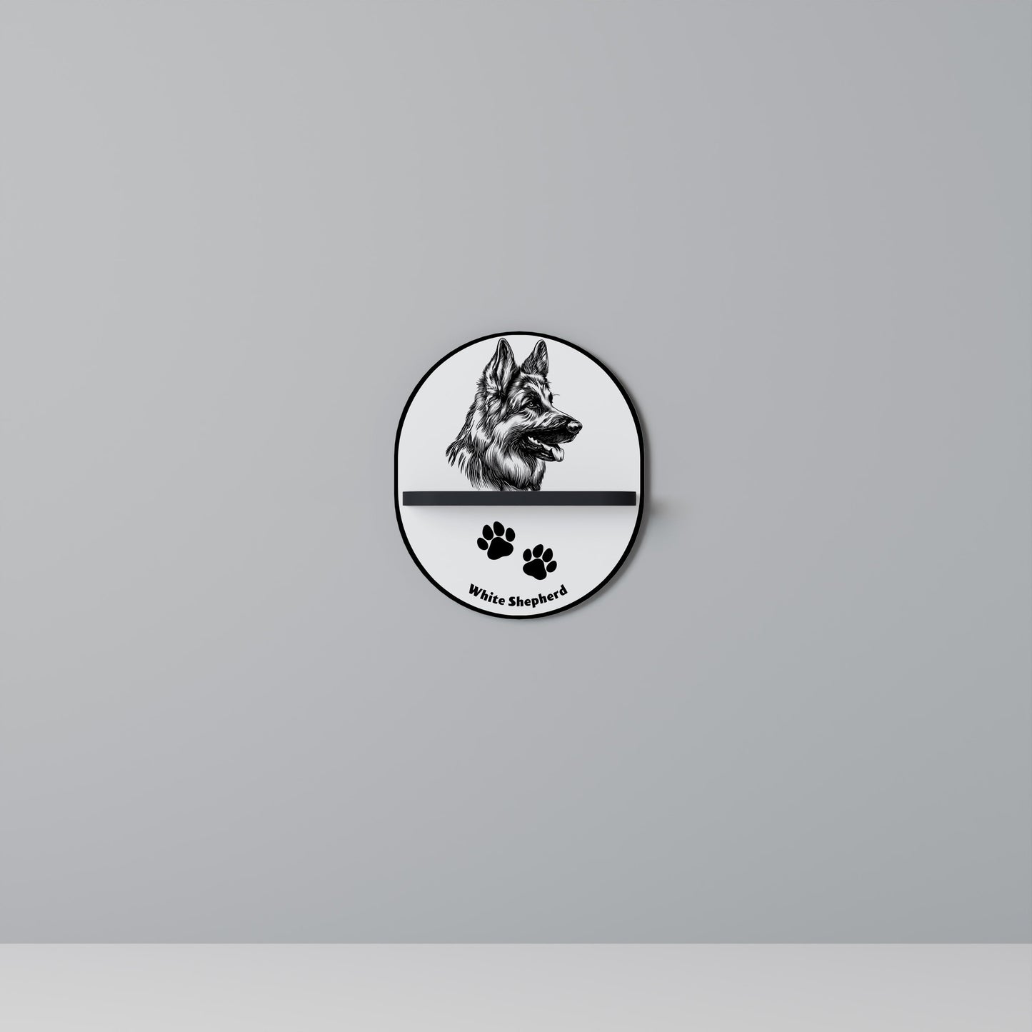 WHITE SHEPHERD DOG Oval Art Shelf In Black Finish