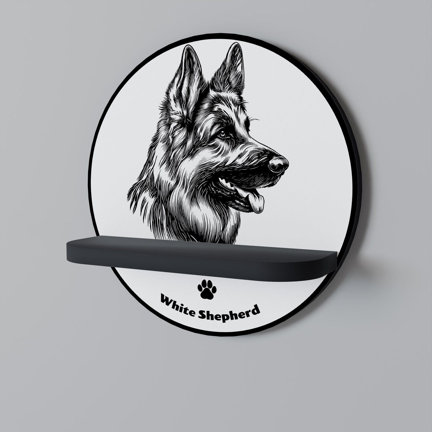WHITE SHEPHERD DOG Round Art Shelf In Black Finish