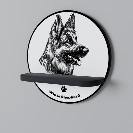 WHITE SHEPHERD DOG Round Art Shelf In Black Finish