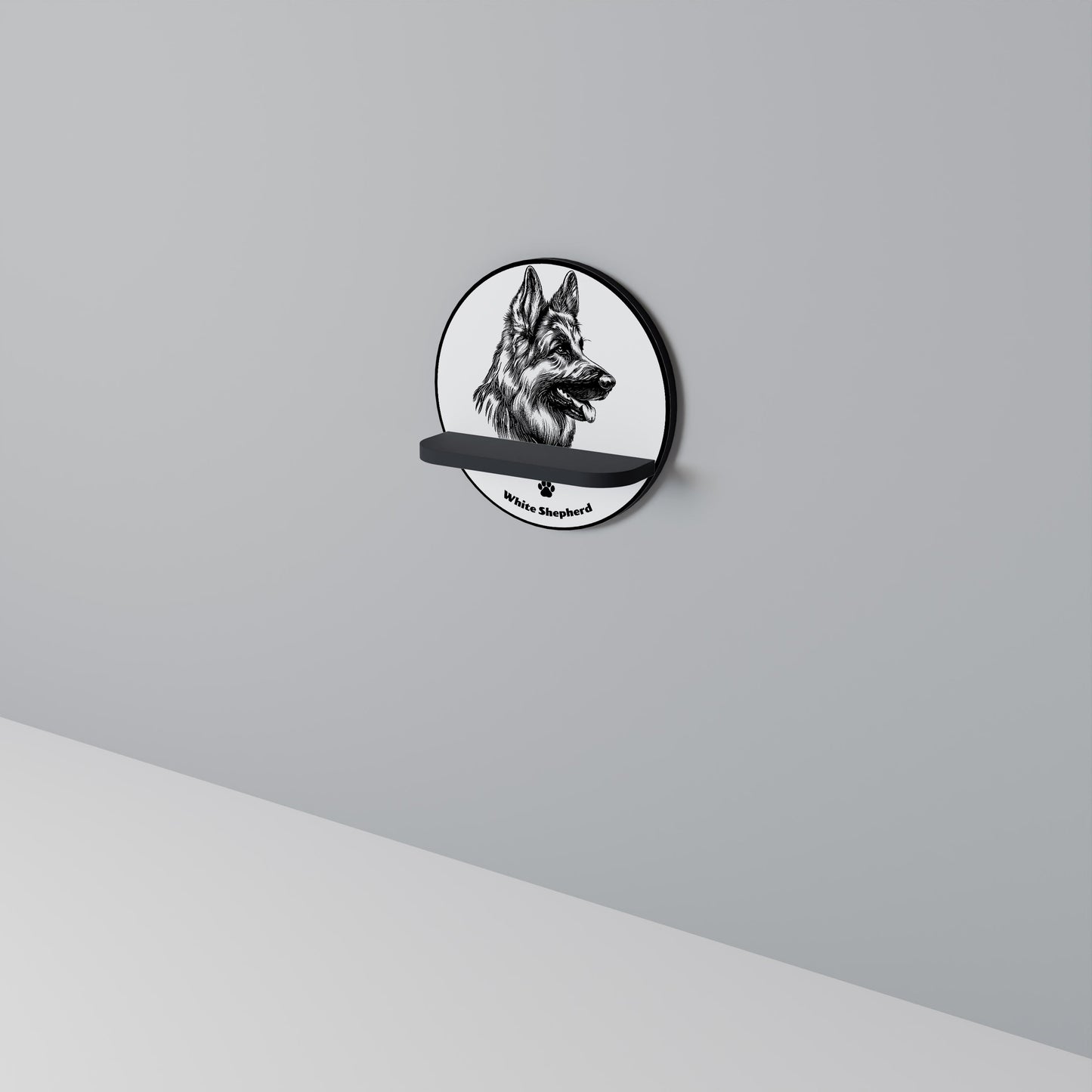 WHITE SHEPHERD DOG Round Art Shelf In Black Finish