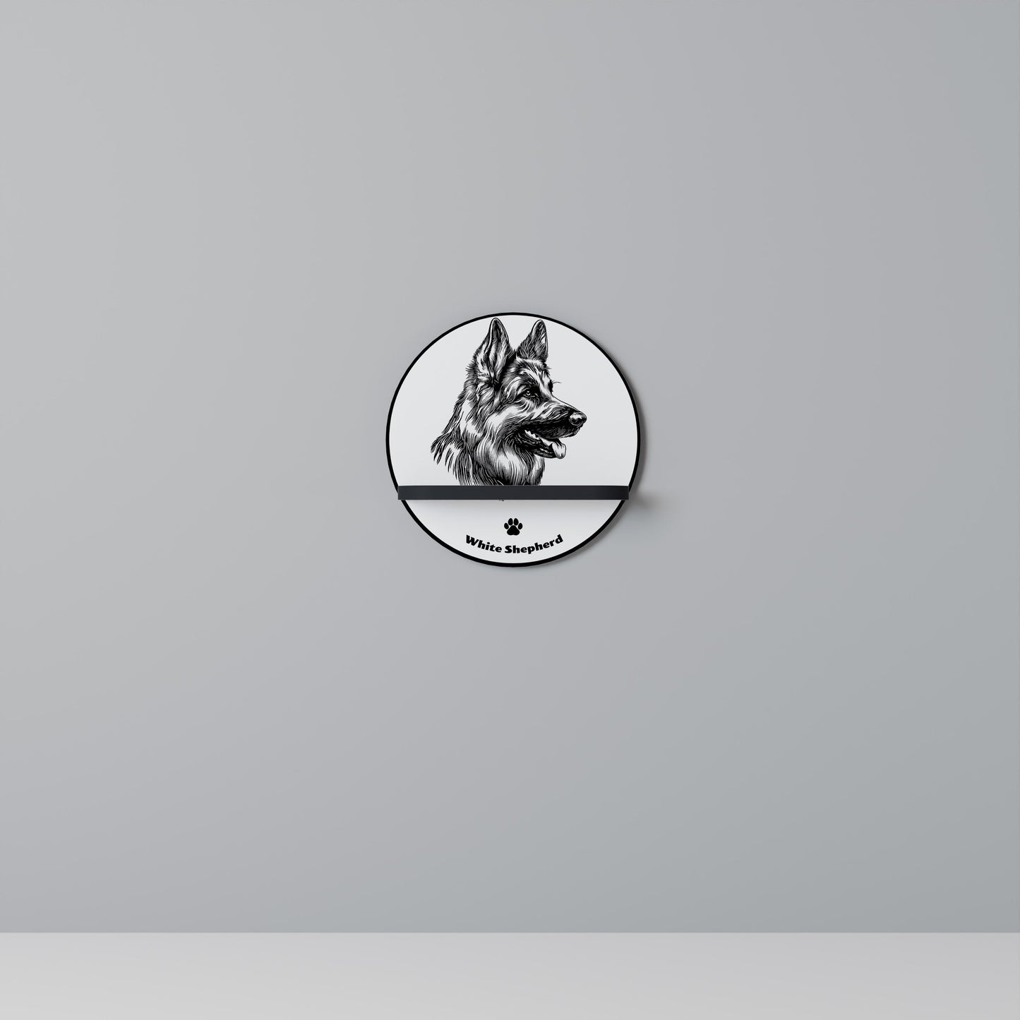 WHITE SHEPHERD DOG Round Art Shelf In Black Finish