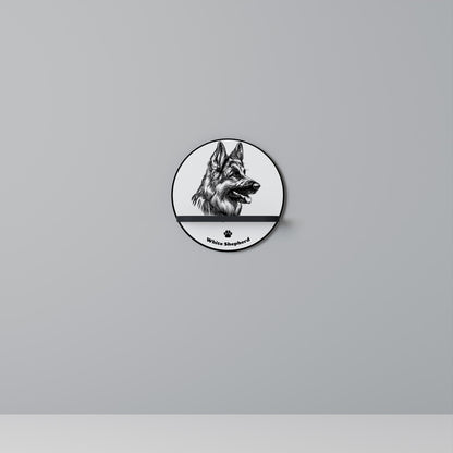 WHITE SHEPHERD DOG Round Art Shelf In Black Finish