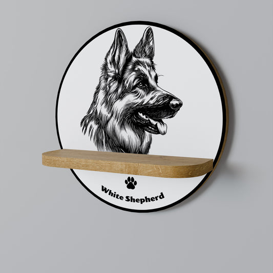 WHITE SHEPHERD DOG Round Art Shelf In Oak Effect