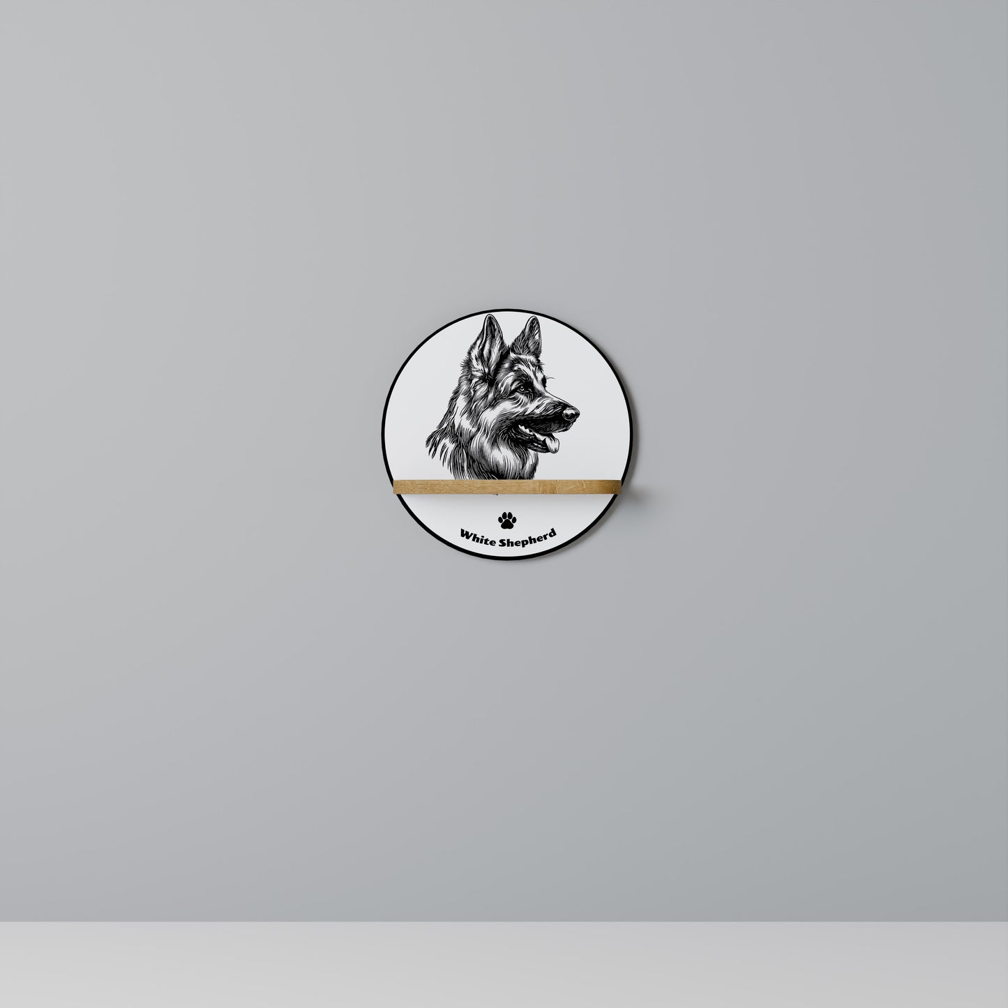 WHITE SHEPHERD DOG Round Art Shelf In Oak Effect