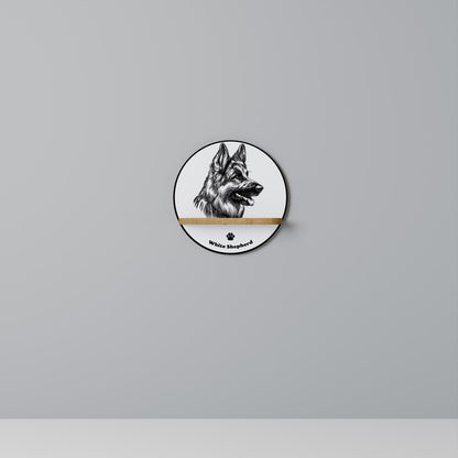 WHITE SHEPHERD DOG Round Art Shelf In Oak Effect