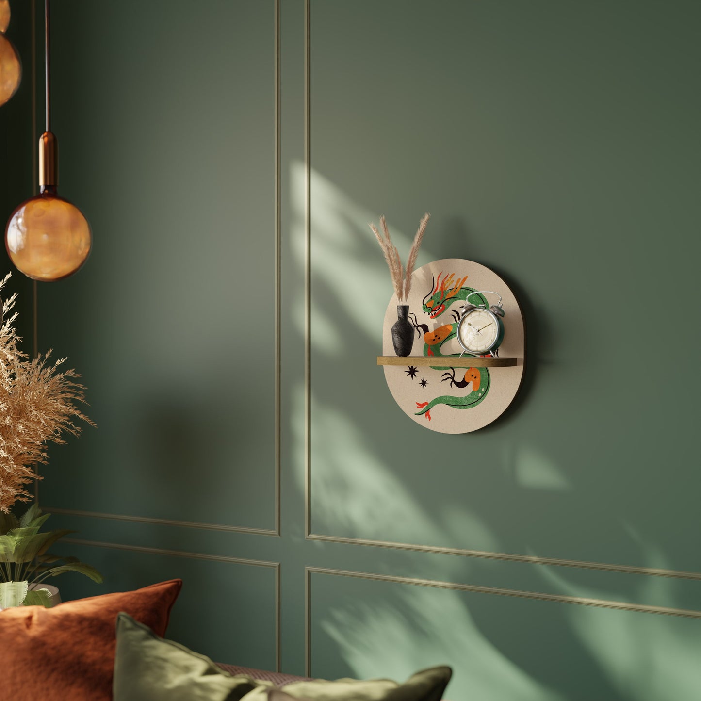 GREEN SKY GUARDIAN Oval Art Shelf In Oak Effect