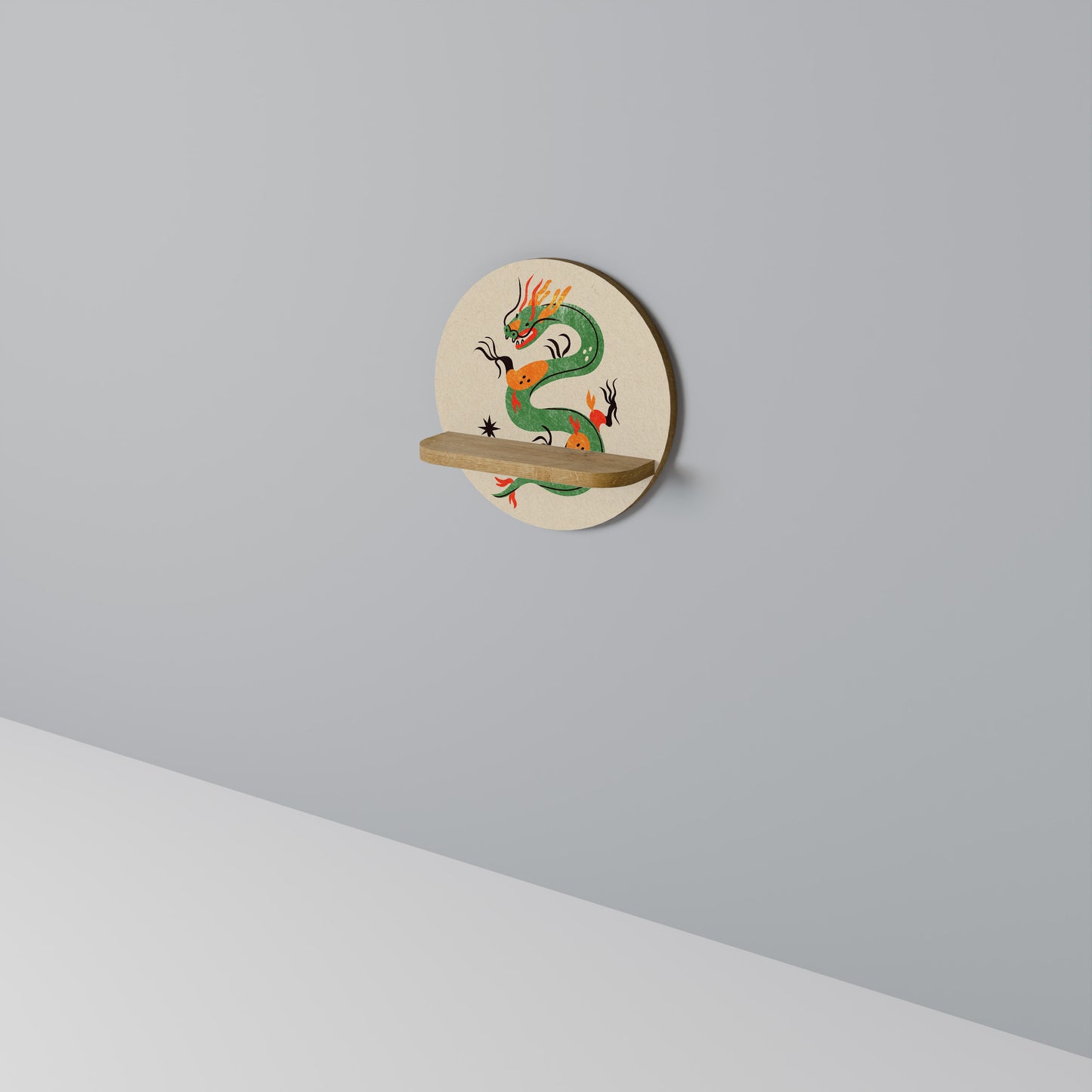 GREEN SKY GUARDIAN Round Art Shelf In Oak Effect