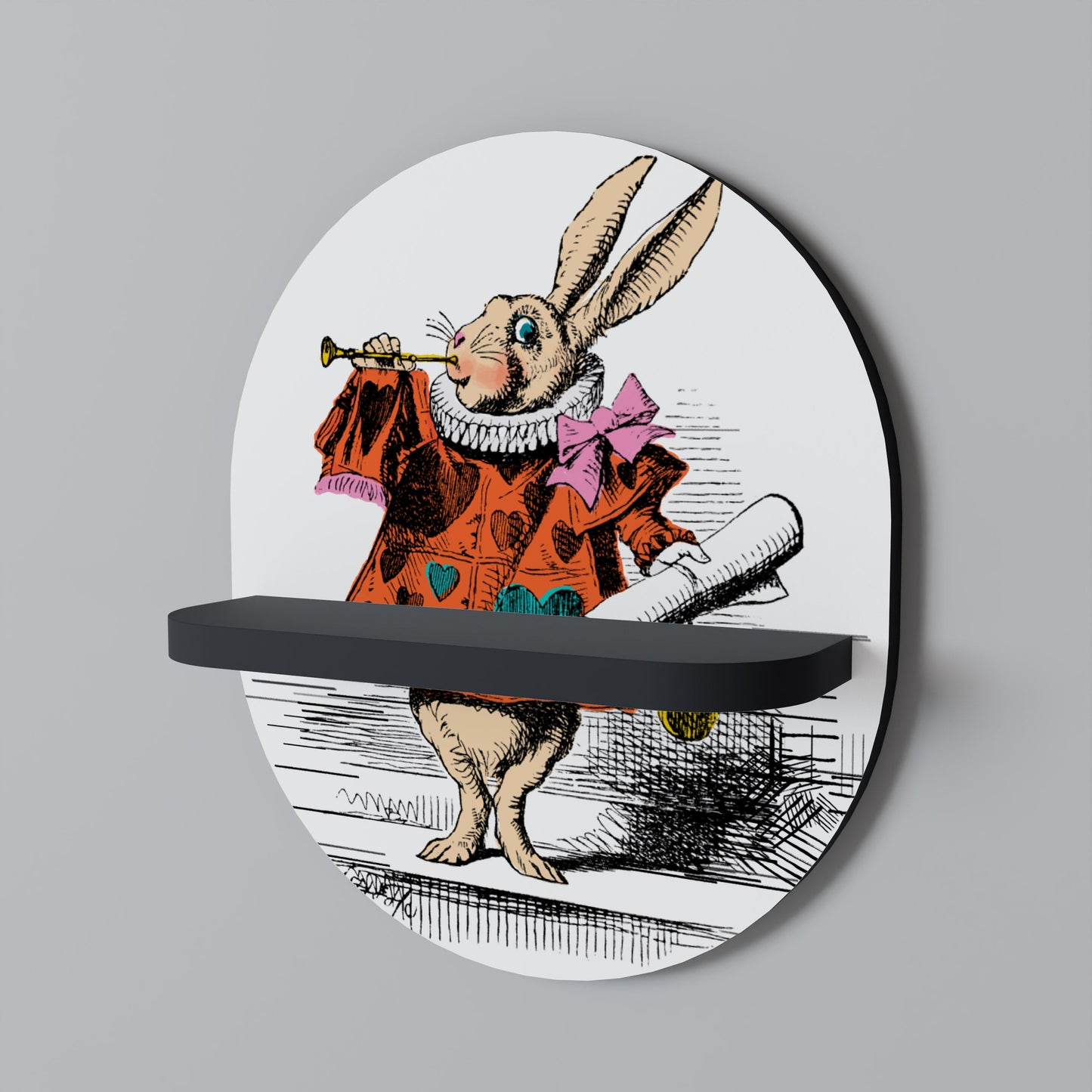 COLORFUL WHITE RABBIT Oval Art Shelf In Black Finish