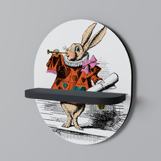 COLORFUL WHITE RABBIT Oval Art Shelf In Black Finish