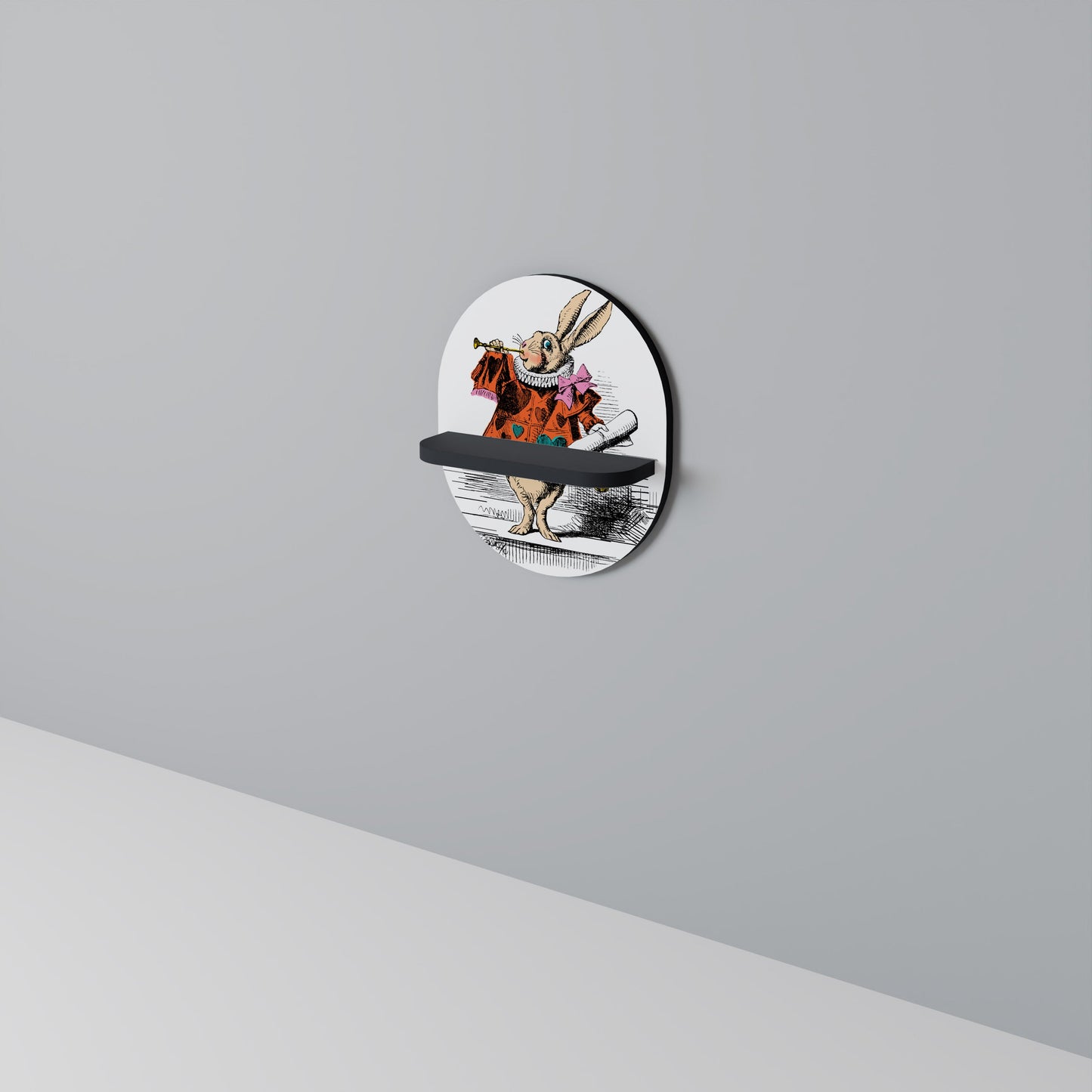 COLORFUL WHITE RABBIT Oval Art Shelf In Black Finish