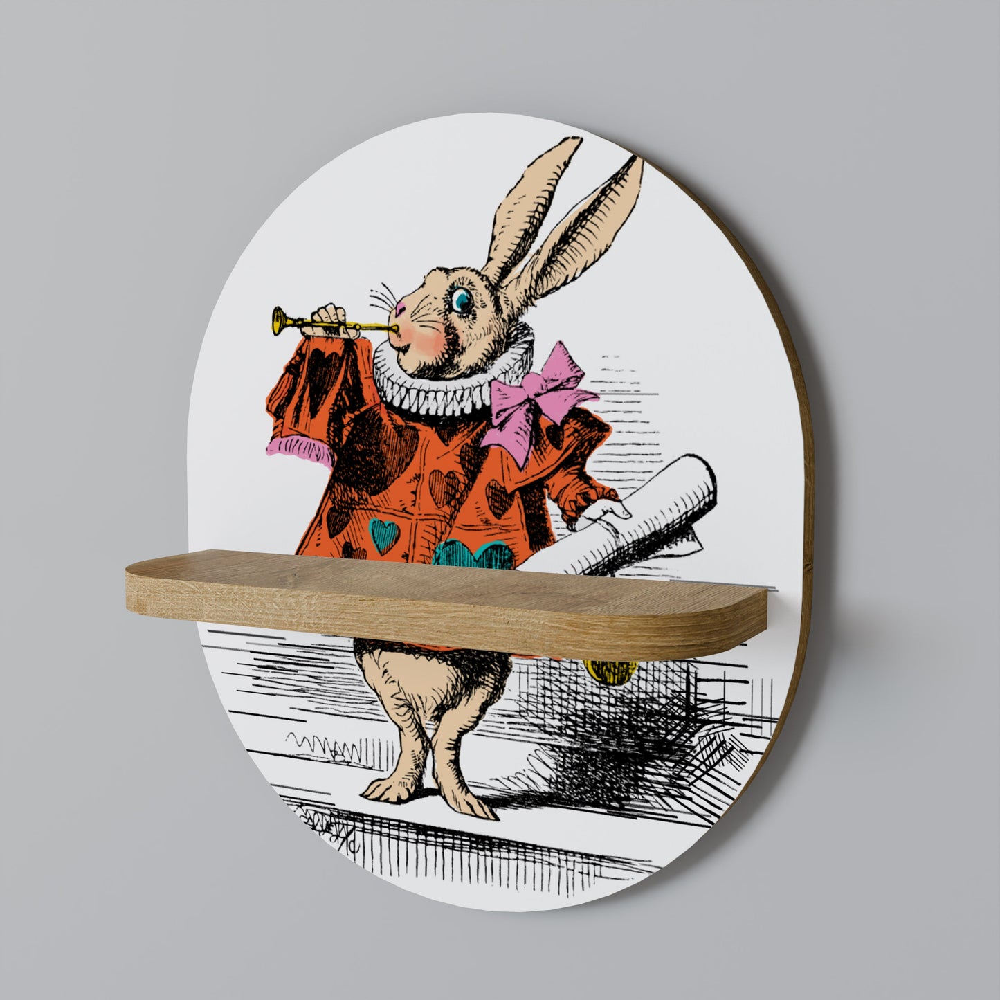 COLORFUL WHITE RABBIT Oval Art Shelf In Oak Effect